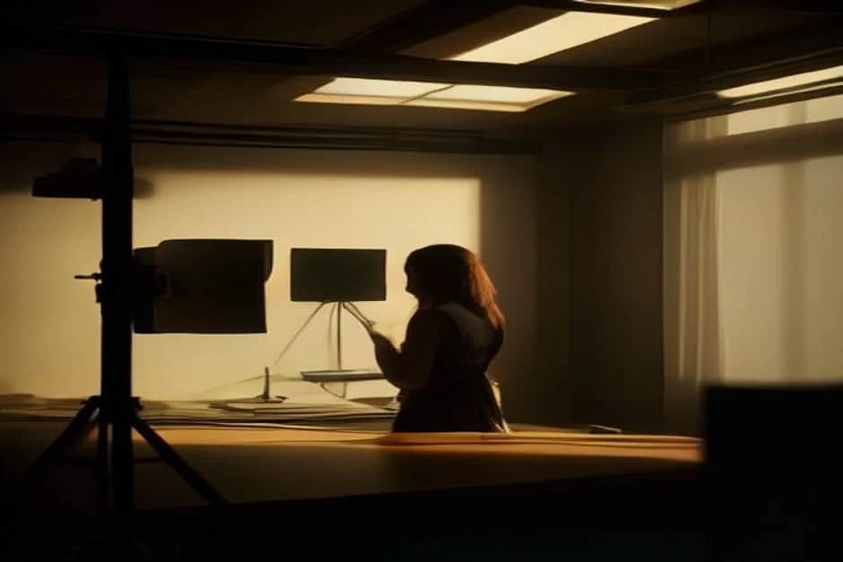 Concepto IA de una directora frente a monitores en un estudio de luz cálida